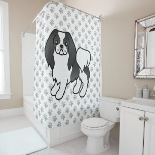 Black And White Japanese Chin Cartoon Dog & Paws Shower Curtain