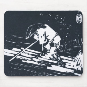 Black and White Japanese Ukiyo-e Hanaikada Mouse Pad