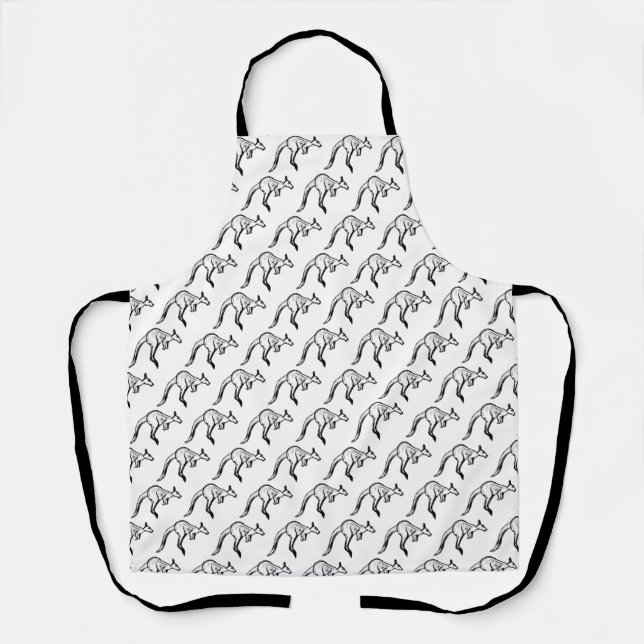 Black and White Jumping Kangaroo Sketch Apron (Front)