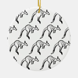 Black and White Jumping Kangaroo Sketch Ceramic Ornament