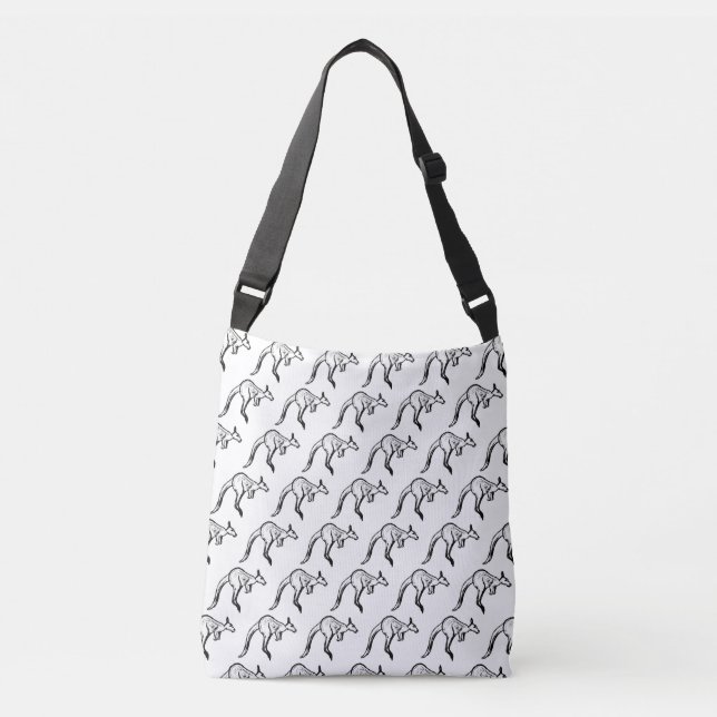Black and White Jumping Kangaroo Sketch Crossbody Bag (Front)
