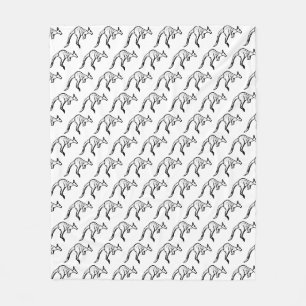 Black and White Jumping Kangaroo Sketch Fleece Blanket