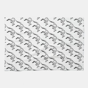 Black and White Jumping Kangaroo Sketch Tea Towel