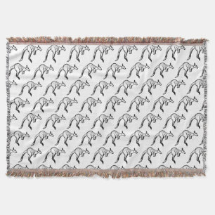 Black and White Jumping Kangaroo Sketch Throw Blanket