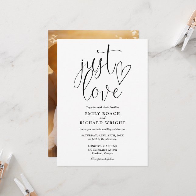 Black And White Just Love Script Photo Wedding Invitation (Front/Back In Situ)