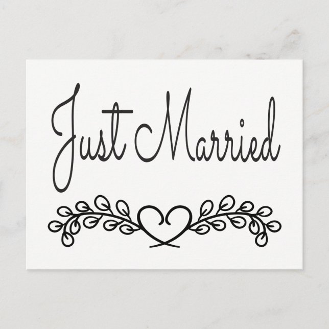 Black And White Just Married Heart Laurel Wedding Announcement Postcard (Front)