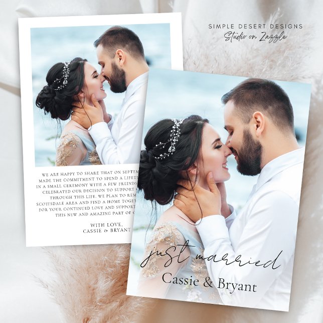 Black and White Just Married Script Wedding Photo Announcement (Modern Elegant Script 2 Photo Just Married Wedding Announcement with Personal Message and Typography)