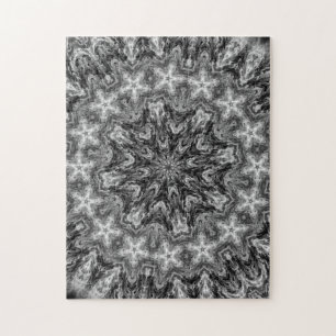 BLACK AND WHITE KALEIDOSCOPIC GEOMETRIC MANDALA JIGSAW PUZZLE