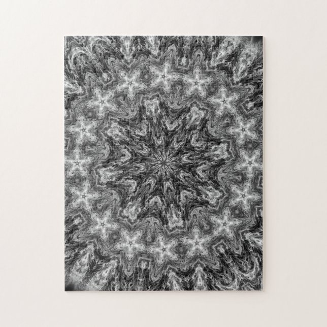 BLACK AND WHITE KALEIDOSCOPIC GEOMETRIC MANDALA JIGSAW PUZZLE (Vertical)