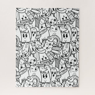 Black and White Kawaii Halloween Monster Collage Jigsaw Puzzle