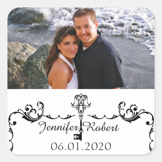 Black and White Key Wedding Favour Sticker (Front)
