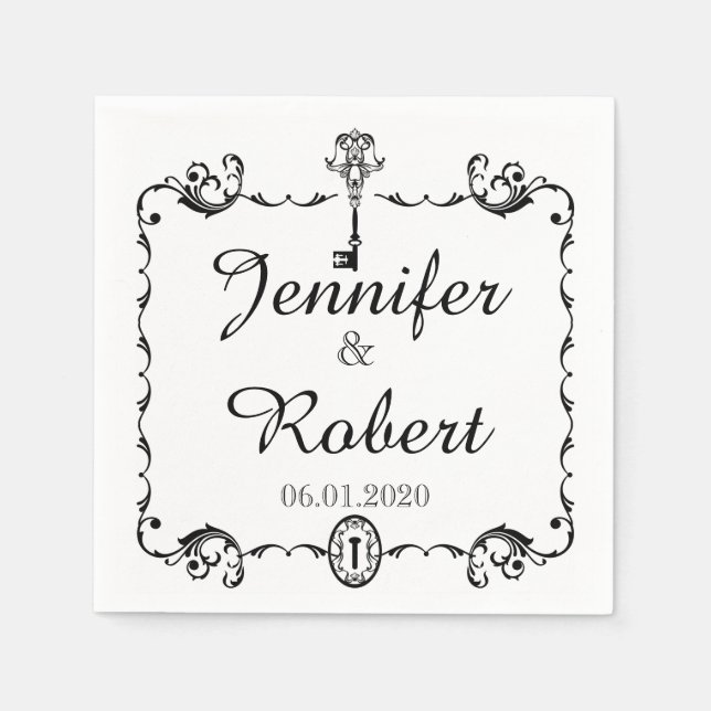 Black and White Key Wedding Napkin (Front)