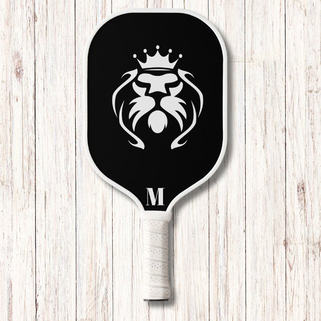 Black and White King Lion Modern Monogram Pickleball Paddle (Creator Uploaded)