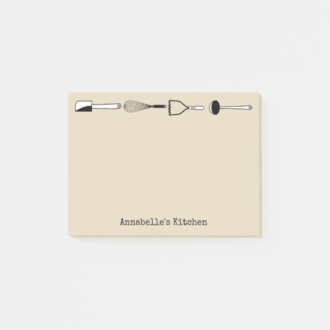 Black and White Kitchen Utensils Personalise Post-it Notes (Front)