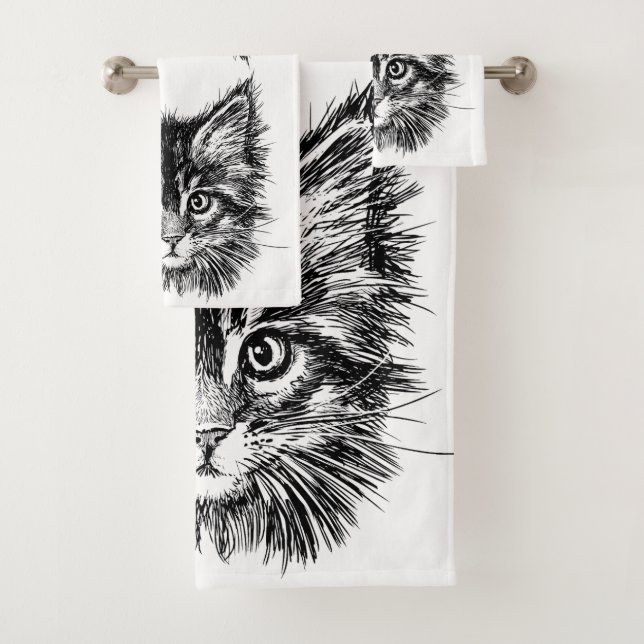 Black and White Kitten Face Bath Towel Set (Insitu)