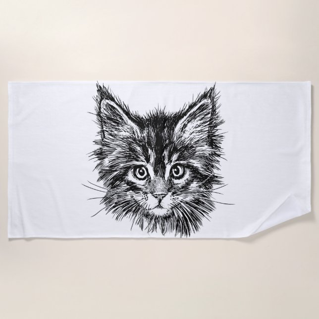 Black and White Kitten Face Beach Towel (Front)