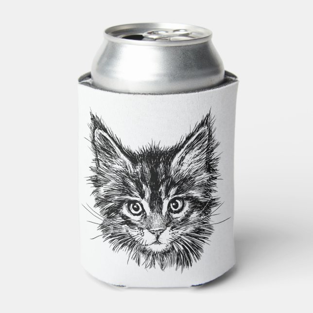 Black and White Kitten Face Can Cooler (Can Front)