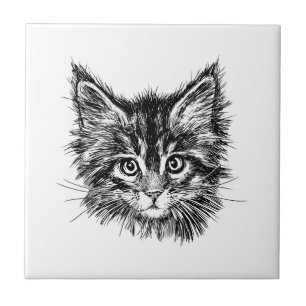 Black and White Kitten Face Ceramic Tile
