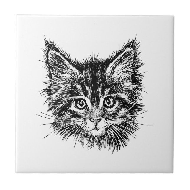 Black and White Kitten Face Ceramic Tile (Front)