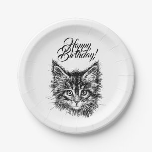 Black and White Kitten Face Happy Birthday Paper Plate