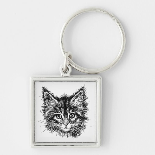 Black and White Kitten Face Key Ring (Front)