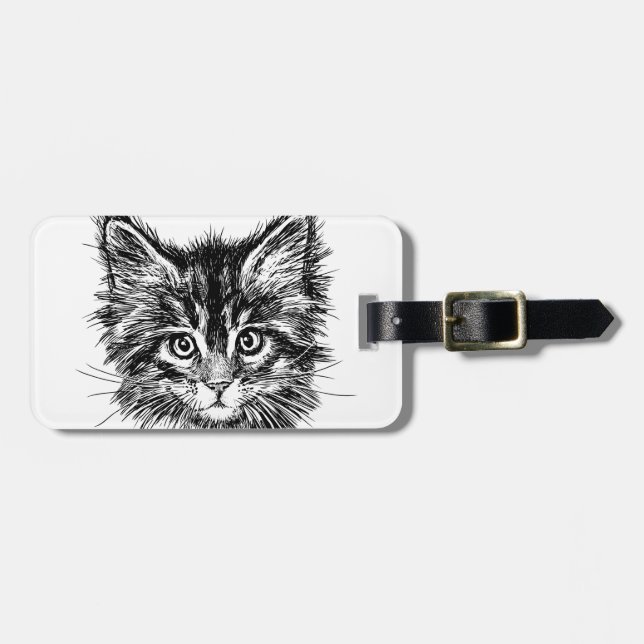 Black and White Kitten Face Luggage Tag (Front Horizontal)