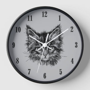 Black and White Kitten Face on Grey Black Numbers Clock