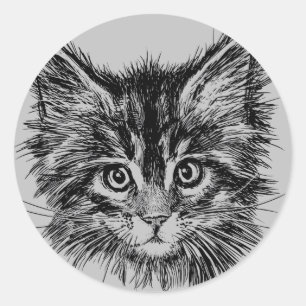 Black and White Kitten Face on Grey Classic Round Sticker