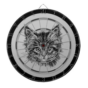 Black and White Kitten Face on Grey Dartboard