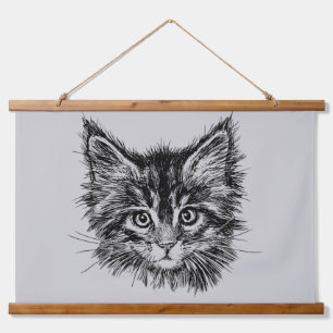 Black and White Kitten Face on Grey Hanging Tapestry