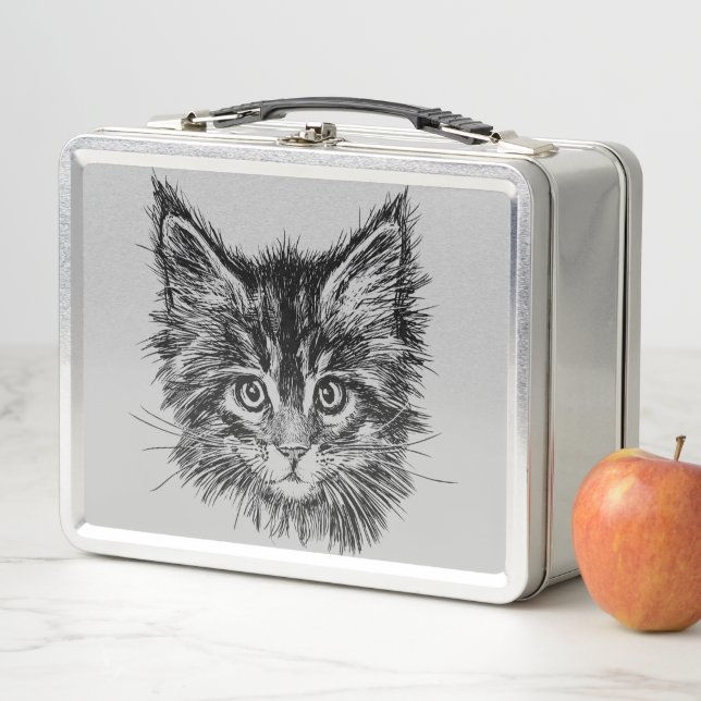 Black and White Kitten Face on Grey Metal Lunch Box (In Situ)