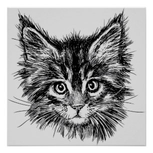 Black and White Kitten Face on Grey Poster