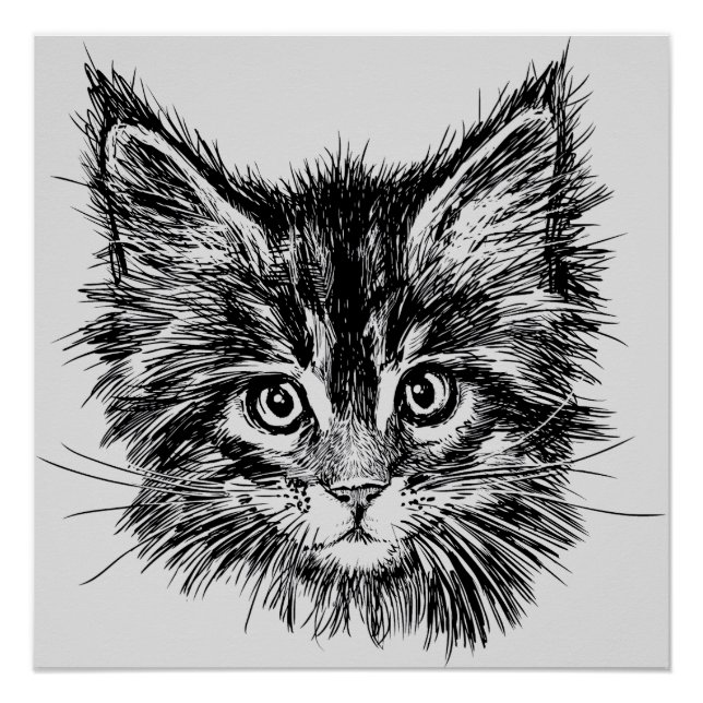 Black and White Kitten Face on Grey Poster (Front)