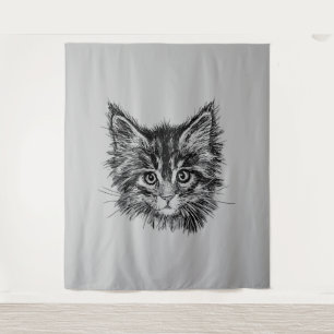 Black and White Kitten Face on Grey Tapestry