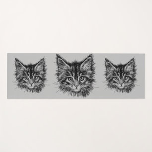 Black and White Kitten Face on Grey Yoga Mat