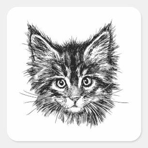 Black and White Kitten Face Square Sticker