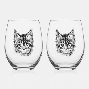 Black and White Kitten Face Stemless Wine Glass