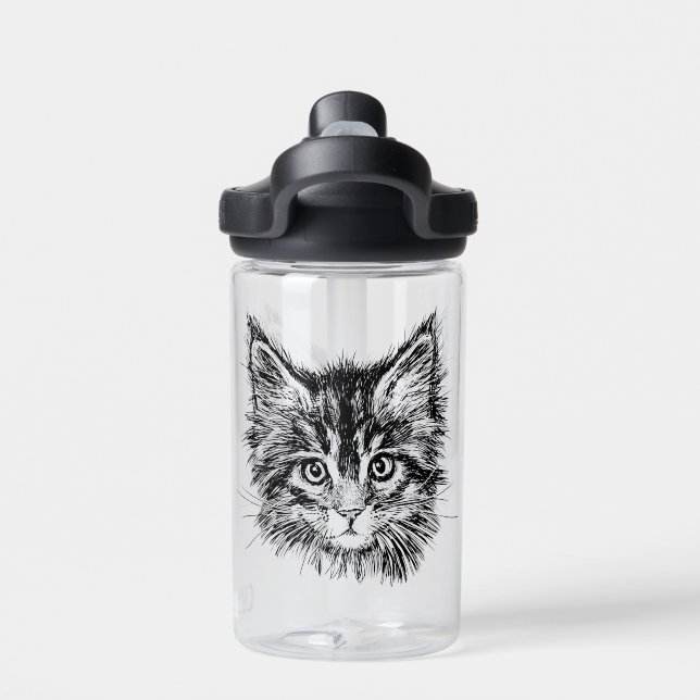 Black and White Kitten Face Water Bottle (Back)