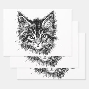 Black and White Kitten Face Wrapping Paper Sheet