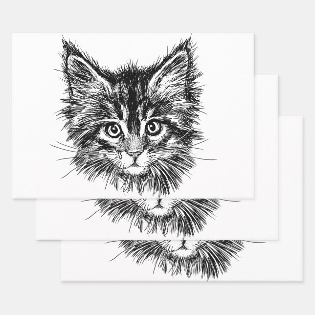 Black and White Kitten Face Wrapping Paper Sheet (Set)