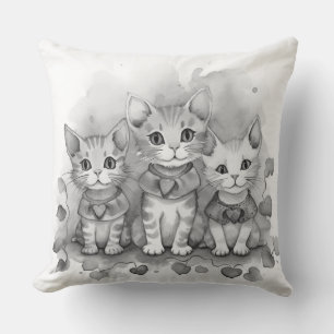 Black and white kittens hearts cushion