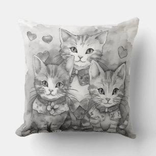 Black and white kittens hearts cushion