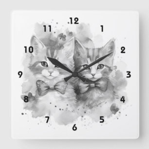 Black and white kittens with bows and butterflies square wall clock