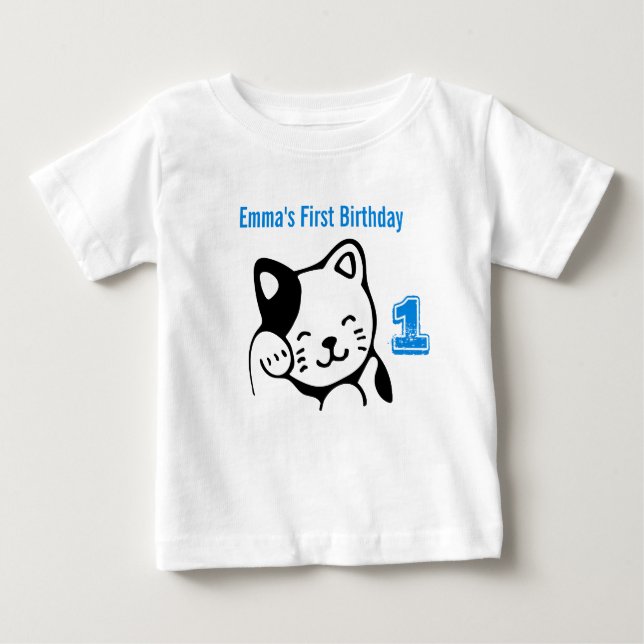 Black and White Kitty Cat Waving Hello Birthday Baby T-Shirt (Front)
