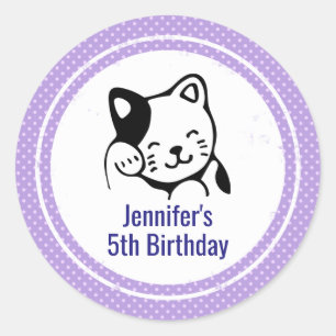Black and White Kitty Cat Waving Hello Birthday Classic Round Sticker
