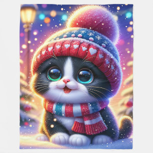 “Black and White Kitty’s First Christmas Outing” Fleece Blanket