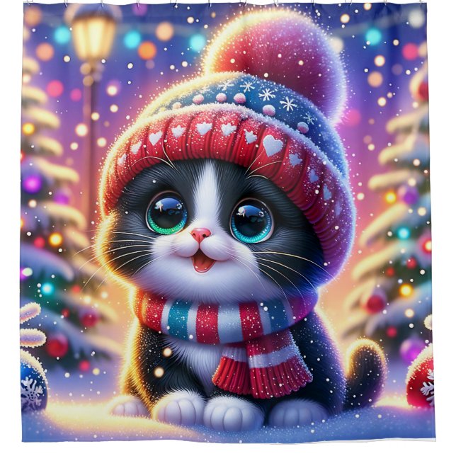  “Black and White Kitty’s First Christmas Outing” Shower Curtain (Front)