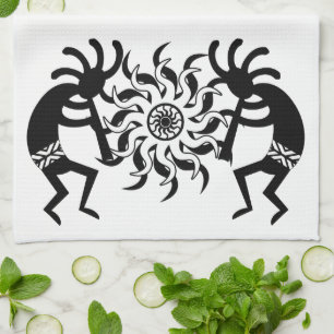 Black And White  Kokopelli Southwest Tribal Sun Tea Towel