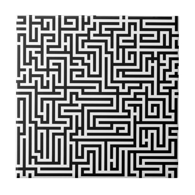 Black and white labyrinth maze ceramic tile (Front)