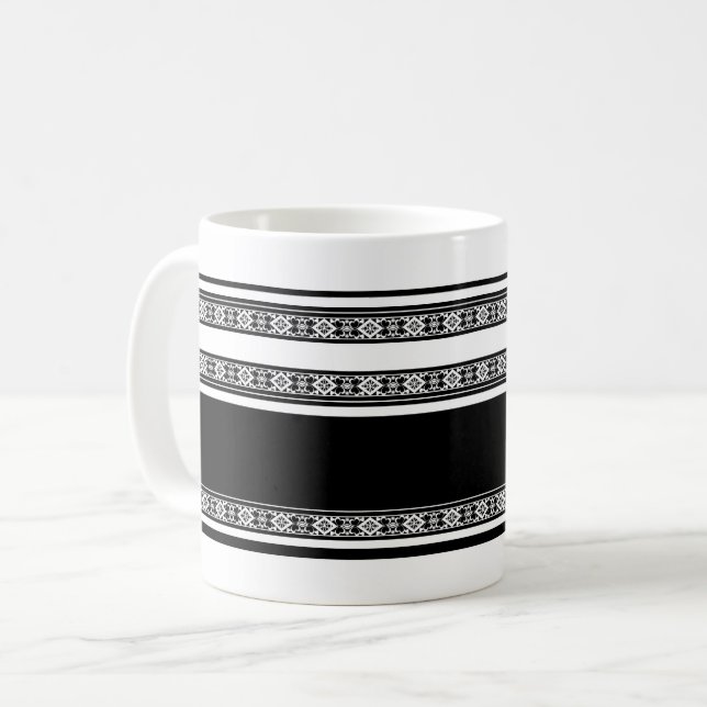 Black and white lace braid and horizontal stripes  coffee mug (Front Left)